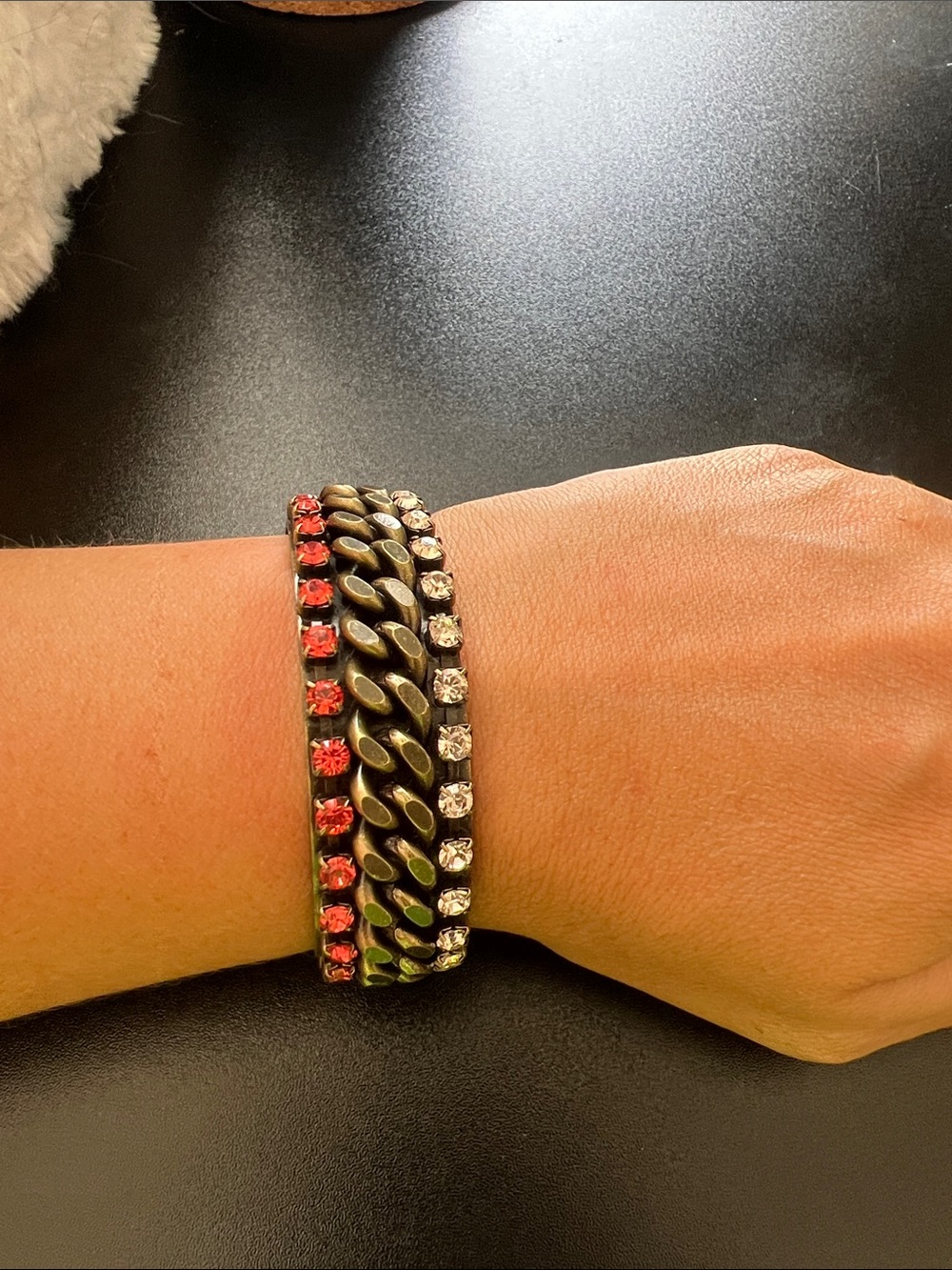 Vintage D'Orlan cuff bracelet Three-Row Crystal Bracelet in Red, Clear Gunmetal